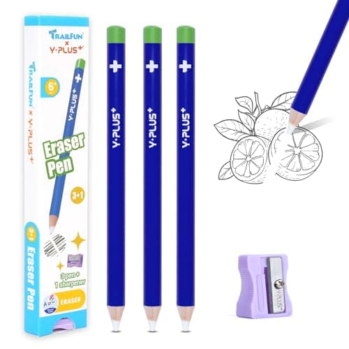 TrailFun Pen Style Eraser Eraser Pen, 3 Pcs Eraser Pen with Sharpener, Sharpenable Eraser Stick, School Art Supplies for Kids Artist Adult - Blue - Image 1