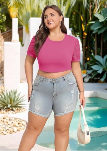 Lastshe Women Plus Size Workout Tops Activewear Crop Tshirts Lace Short Sleeve Exercise Tees,Hot Pink,4X - Thumbnail 3