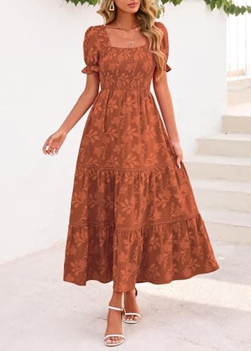 Lazysmile Women's Summer Boho Floral Maxi Dress Short Sleeve Square Neck Smocked Ruffle Elegant Wedding Guest Dress Orange - Thumbnail 3