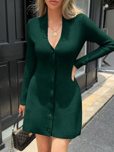 Wenrine Womens Deep V Neck Sweater Dress Sexy Knit Button Down Long Sleeve A Line Fall Mini Dresses Green - Thumbnail 2