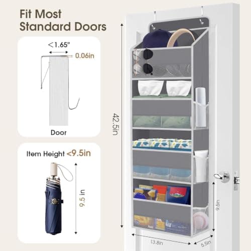 SpaceHacks 1 Pack Over The Door Organizer, Hanging Storage Organizer with Clear Window, 40lb Ultra Sturdy Large Capacity Room Organizer for Pantry Laundry Bathroom Nursery Closet Baby Essential (Grey) - Thumbnail 2