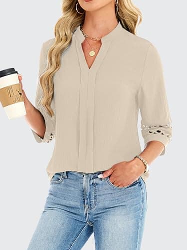 Funlingo Womens 3/4 Sleeve Tops Business Casual V Neck Dressy Blouses Fashion Office Work Tunic Pleated Shirts Trendy Outfits 2026 Khaki XL - Thumbnail 3