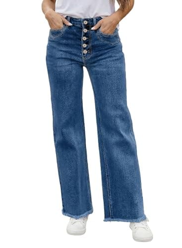 Sidefeel Women's Wide Leg Jeans High Waisted Stretchy Jeans Trendy Button Fly Raw Hem Straight Leg Denim Pants Blue Size 6 - Image 1