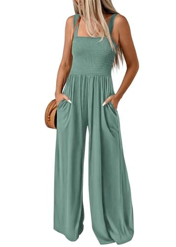 KIRUNDO Womens Jumpsuit 2026 Summer Casual Loose One Piece Overalls Smocked Sleeveless Wide Leg Rompers With Pockets(Light Green, Medium) - Image 1