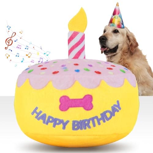 FurtasticFinds Dog Birthday Cake Toy 5.9", Larger Plush Dog Gift with Electronic Music Box, Plays Happy Birthday Song & Puppy Bark Melody, Party Decoration for All Breeds Dogs, Pink - Image 1