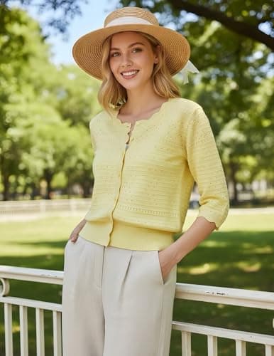 GRACE KARIN Womens Short Sleeve Cardigan Sweater Lightweight Cropped Cardigan Trendy Dressy Casual Crochet Bolero Shrugs Yellow - Thumbnail 2