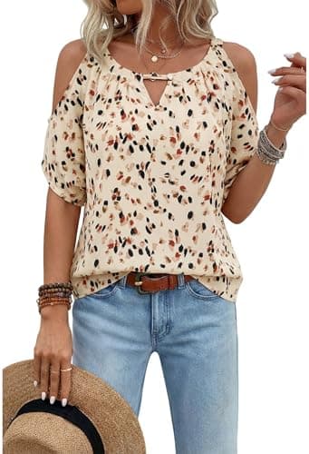 Women Cold Shoulder Tops Casual Summer Short Sleeve Crew Neck Dressy Work Blouses Dot Pints Chiffon Tunic Shirts BE S - Thumbnail 2