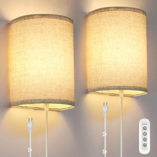 FINCMY Wall Sconce Light Plug in, Dimmable Sconces Wall Decor Set of 2, Stick on Wall Lights for Bedroom Living Room Hallway, Plug in Wall Sconces with Remote, LED Bulbs Included - Image 1