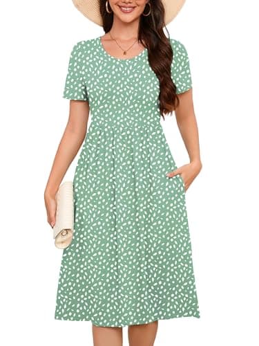 DEARCASE Casual Dresses for Women Green White Leaflet XX-Large Short Sleeve A line Summer Beach Midi Sundress Wedding Guest Flowy Swing Cocktail Party Spring Travel Long Dress with Pockets - Image 1