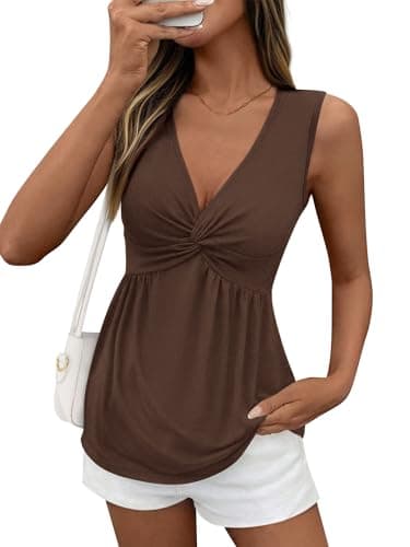 BTFBM Babydoll Tops for Women 2026 Trendy Spring Summer Outfits Twist Front V Neck Peplum Flowy Tank Tops Dressy Casual(Brown, X-Small) - Image 1