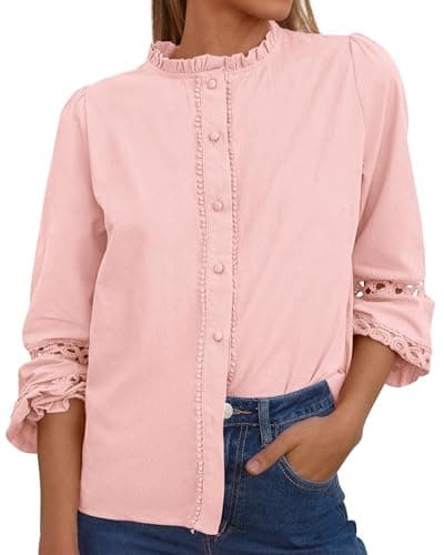 KIRUNDO Going Out Tops for Women 2026 Spring Fashion Boho Cotton Eyelet Long Sleeve Button Up Shirt Lace Dressy Casual Blouse(Light Pink, XX-Large) - Image 1