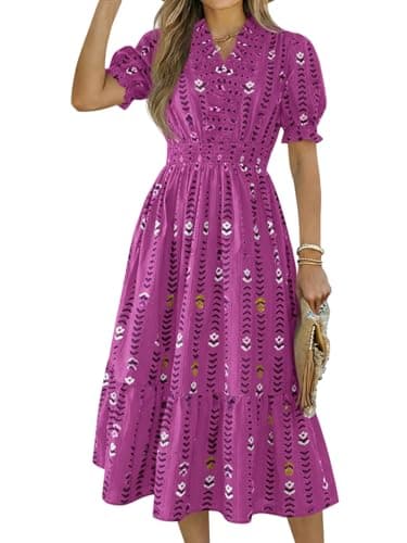 Wenrine Womens Summer Midi Dresses Casual Floral Short Puff Sleeve Ruffle V Neck Smocked Boho Beach Dress Violet - Image 1