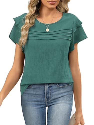Funlingo Womens Tops Dressy Casual Summer Ruffle Short Sleeve Blouses Crew Neck Pleated Office Work Shirts 2026 Business Casual Outfits Turquoise M - Image 1