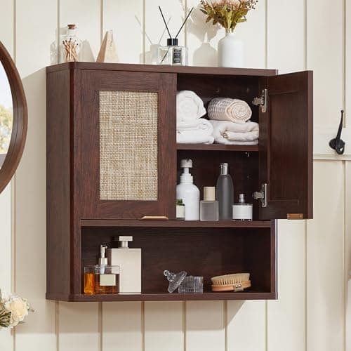 LEYAOYAO Rattan Bathroom Wall Cabinet, Boho Medicine Cabinet with Adjustable Shelf & Doors, Over The Toilet Storage Cabinets Organizer for Laundry Room, Kitchen, Living Room, Walnut - Image 1