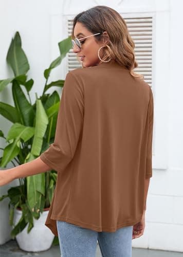 Heymoments Cardigan for Women Deep Coffee Medium Draped Open-Front 3/4 Sleeve Lightweight Casual Soft Drape Summer Fall Kimonos Cardigans - Thumbnail 5