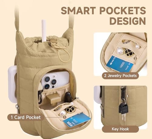 WOOMADA Water Bottle Holder Bag with Strap, 40/32 oz Crossbody Bag Gym Accessories, Sling Purses for Women(Khaki) - Thumbnail 4