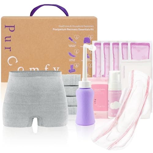 PurComfy 18 Pcs Postpartum Essentials Recovery Kit, Includes 5 Disposable Underwear, 24 Perineal Pad Liners, Perineal Care Foam, 5 Instant Ice Pads, Peri Bottle and 5 Postpartum Pads - Image 1