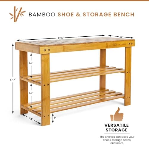 Leaf & Grain Bamboo Shoe Rack - Shoe Storage Bench for Front Door Entrance - Entryway Bench with Shoe Shelf, Shoe Storage Organizer, Wooden Shoe Rack, Durable Shoe Bench for Home (Natural) - Thumbnail 3