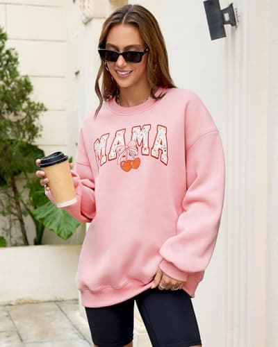 HEYTALALA Mama Sweatshirt for Women Oversized Crewneck Pullover Hoodies Graphic Tops Long Sleeve Mom Shirts Pink - Thumbnail 3