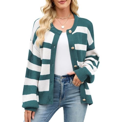 ZLIGXEA Chunky Striped Cardigan Sweaters for Women Fall Knit Long Sleeve Open Front Color Block Trendy Button Up Coat 2025 Fall Outfits Blue M - Image 1