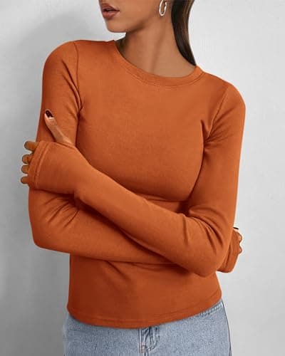 BTFBM Womens Tops 2026 Spring Outfits Long Sleeve Shirts Crewneck Work Blouses Stretchy Slim Fit Going Out Top Workout(Brick Red, Medium) - Thumbnail 2