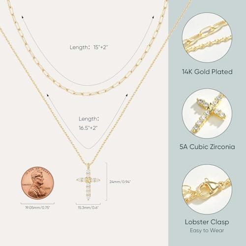 Goxygen Layered Cross Necklace for Women - 14K Plated Gold Double Layer Chain Necklace, Dainty Cubic Zirconia Crucifix Pendant Necklace, Anniversary Birthday Christian Faith Jewelry Gift for Her - Thumbnail 5