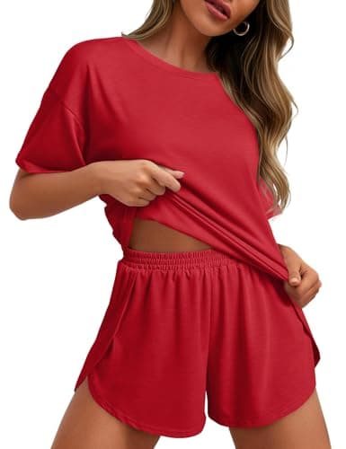 JUSTFASHIONNOW Womens Split Short Pajama Sets Summer 2 Piece Short Sets Cute Bamboo Pj Set Comfy Lounge Sets Soft Pjs Sleepwear(Red,Large) - Thumbnail 2
