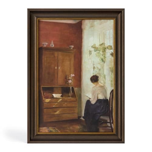 Vintage Gold Framed Canvas Book Wall Art, Woman Reading by Window, Rustic Gold Framed Canvas Prints Oil Painting Pictures, Farmhouse Room Decor for Bedroom Study Room Dorm,Gift for Book Lovers,8x12 Vintage Art Print - Image 1