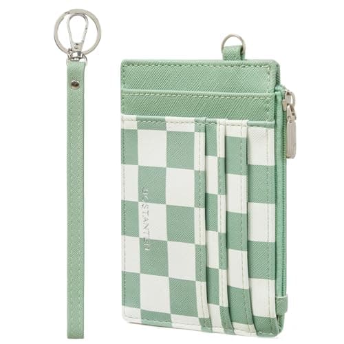 BOSTANTEN Small Wallet For Women RFID Leather Credit Card Holder Slim Wristlet Keychain Wallet With Zipper Pocket, Mint Green Checkered - Image 1