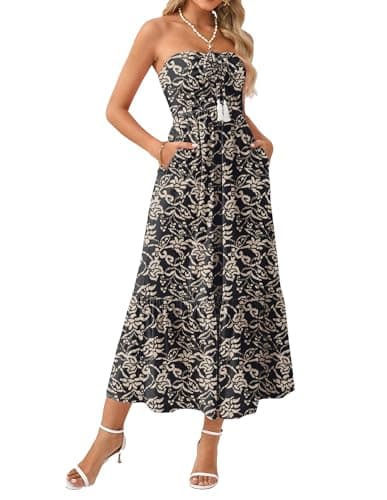 GRACE KARIN Summer Maxi Dresses for Women 2026 Floral Strapless Tube Top Boho Dress Flowy Beach Vacation Clothes with Pockets Black M - Image 1