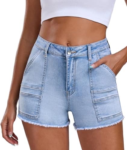 Aotasely 2026 Women's Stretchy Cargo Denim Shorts Mid Rise Jean Shorts Raw Hem Jorts with Pockets Short Jeans 3.5" Inseam