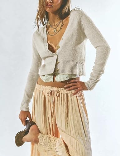 Vimida Women's V Neck Slim Fit Cardigans Button Down Long Sleeve Short Sweater Casual Comfort for Office Lounge(ige-L) Beige - Thumbnail 2