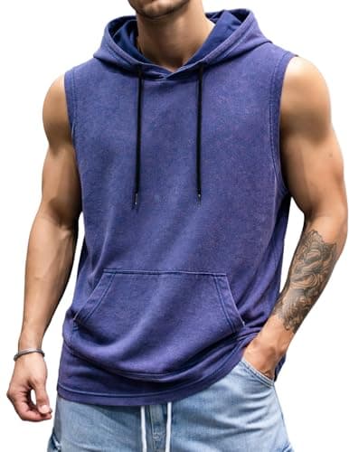 JMIERR Mens 2026 Vintage Washed Sleeveless Hoodie Tank Top Cotton Muscle Workout Gym Streetwear Shirt Blue - Image 1