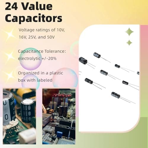JESSINIE 24 Value 500pcs Aluminum Electrolytic 0.1uF-1000uF Capacitor kit, 16~50V Capacitor Assortment Radial Lead Type Range with Assortment Box - Thumbnail 3