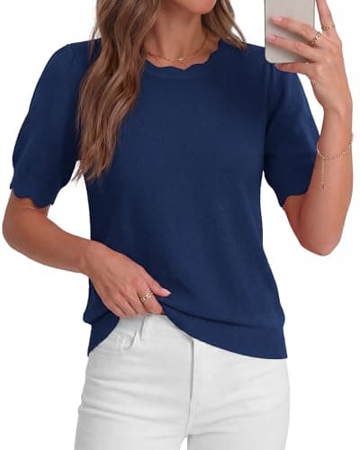 BTFBM Short Sleeve Sweater for Women 2026 Spring Summer Knit Basic Tops Lightweight Business Casual Vacation Outfits(Navy Blue, Small) - Image 1