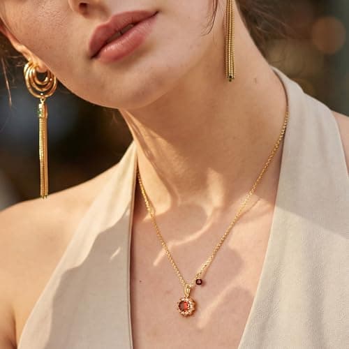 MEVECCO Radiant Sun Necklaces for Women, 14K Gold Plated Cubic Zirconia Detachable Birthstone Pendant Charm Jewelry Deep Red - Thumbnail 2