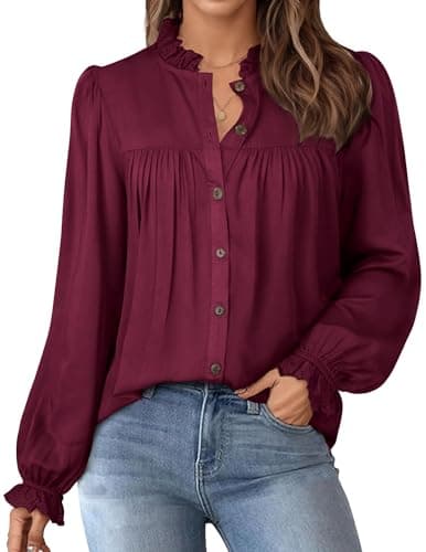 Dressy Tops Casual Blouses Long Puff Sleeve Shirts Elegant Pleated Tunic Business Casual Top Fall Solid Retro Blouses Wine Red XXL - Image 1