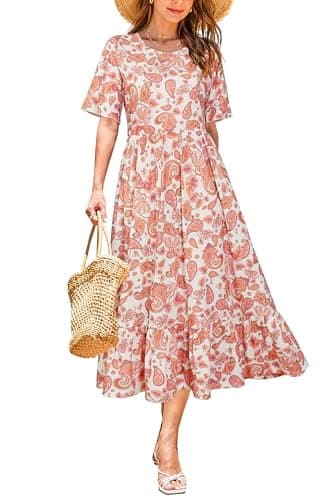 STYLEWORD Women's Summer 2026 Casual Short Sleeve Tiered Flowy Maxi Spring Dress Long Midi Beach Sundress Vacation Hawaiian Outfits(Floral23,S) - Image 1