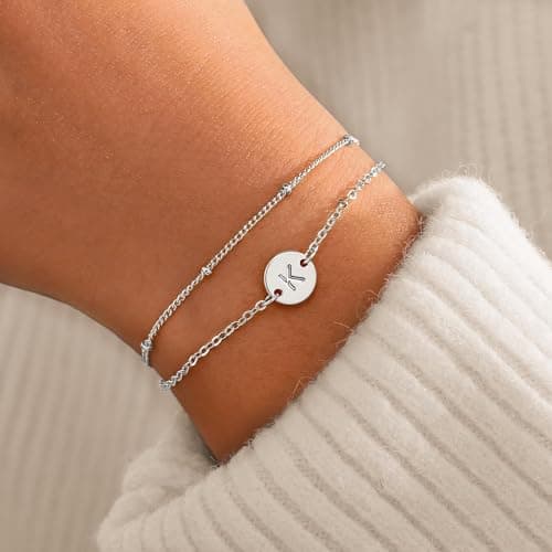 MONOZO Silver Initial Bracelets for Women Jewelry Gifts Trendy - Dainty 18K-White-Gold-Plated Disc Monogram Letter K Initial Bracelet Personalized Silver Jewelry Gifts for Women Her - Thumbnail 2