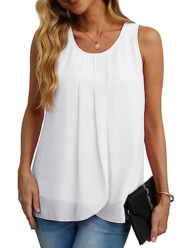 IWOLLENCE Sleeveless Tops for Women Chiffon Double Layers Blouse Loose Round Neck Chiffon Blouses White Tank Tops X-Large - Image 1