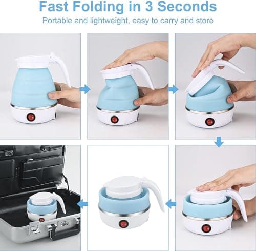 Foldable Electric Kettle, Upgraded Food Grade Silicone,600W 600ML Flash Heat Small Portable Travel Electric Kettle,110V US Plug (Azure) - Thumbnail 5