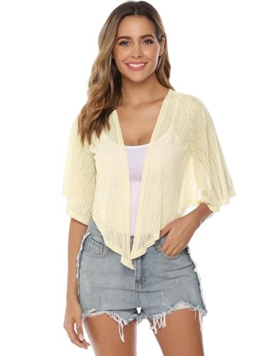 iClosam Women Sheer Shrug Tie Front 3/4 Sleeve Cropped Bolero Shrug Cardigan (Beige, Large) - Thumbnail 4