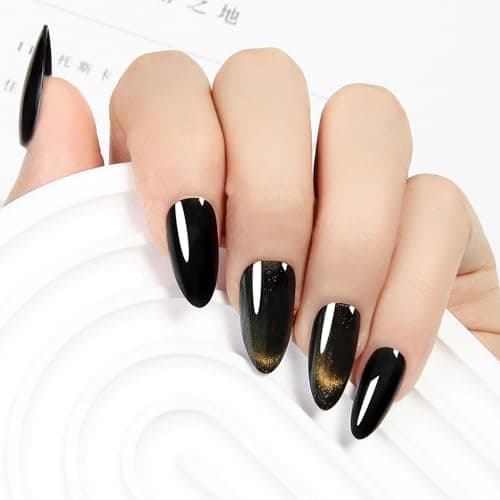 Glue On Nails Almond Black Goth - Cat Eye Mysterious Shine Handmade Reusable Nails for Gothic Chic Look, 24 Nails in 12 Sizes with Glue, Adhesive Tabs, File, Prep Pad, Manicure Stick - Image 1