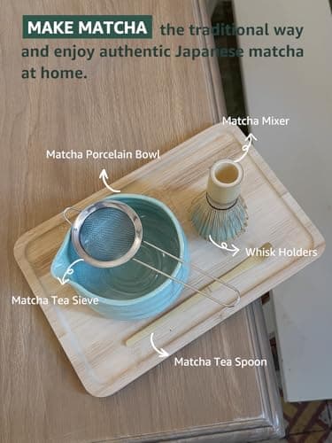 Sisher Matcha Whisk set,Matcha Bowl with Spout，Cute Matcha Set(5pcs)Matcha Bowl , Bamboo Whisk, Matcha Scoop, Matcha Whisk Holder (Chasen Holder), Stainless Steel Sifter, Matcha Making Kit(Green) - Thumbnail 6