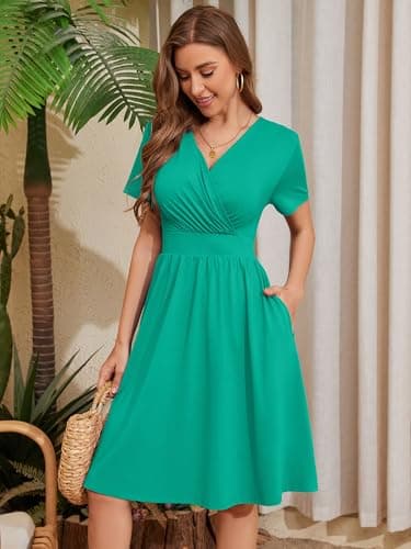 Heymoments Women's Summer Comfy Swing Sundress Green Medium Short Sleeve Casual Midi Dress Empire Waist Wrap V Neck A-Line Classy Beach Vacation Teacher Dresses with Pockets - Thumbnail 2