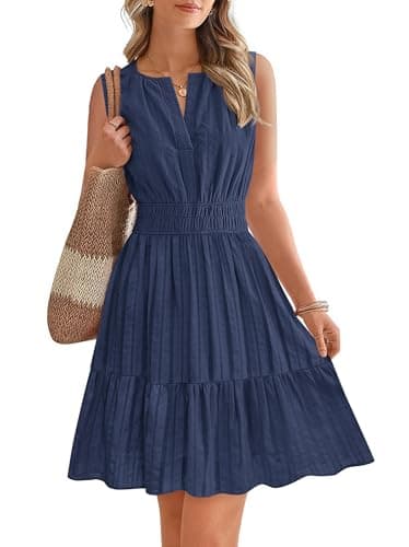 BTFBM Women’s Summer Dresses 2026 Sleeveless V Neck Casual Mini Dress Swing Boho A Line Beach Vacation Sundress Pockets(Navy Blue, Large) - Image 1