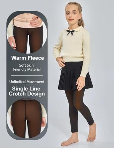 KBVOT Girls Fleece Lined Tights Kids Warm Thermal Winter Thick Leggings Pantyhose Fake Translucent Pants for School Dress - Thumbnail 2