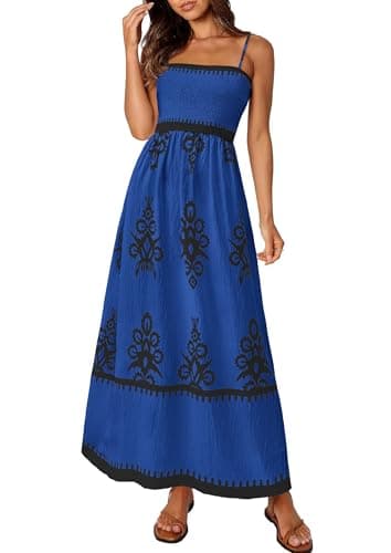 PRETTYGARDEN Summer Dress for Women 2026 Floral Sundress Spaghetti Strap Flowy Beach Vacation Boho Maxi Dresses (Blue Black Floral,Medium) - Image 1