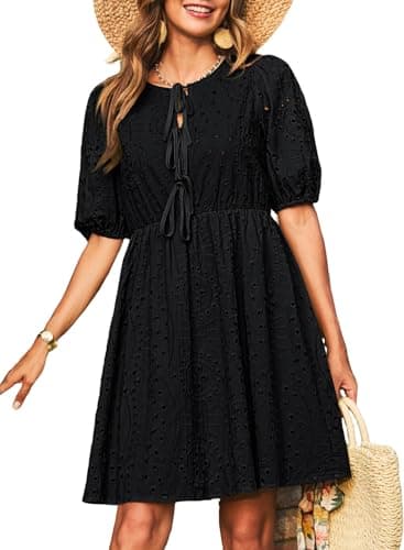 Dokotoo Dresses for Women 2026 Elegant Hollow Out Eyelet Tie Front Cotton Dress Short Lantern Sleeve V-Neck Embroidered Summer Black Dress Plus Size A Line Cotton Dresses Small - Image 1