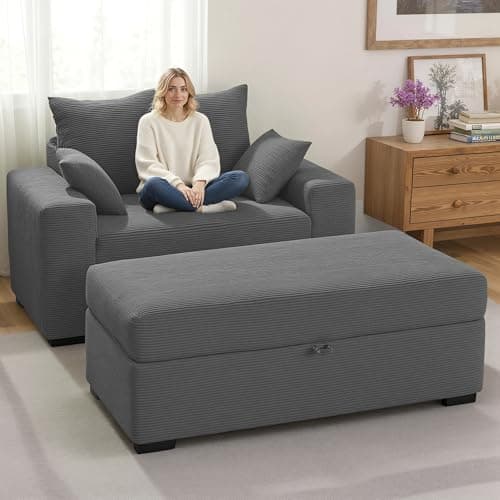Indoor Chaise Lounge Chair with Storage Ottoman, Modern 60-Inch Lounge Sofa Chair with Wide Armrests & 4 Pillows, Oversized Comfy Reading Lounger for Living Room, Bedroom（Medium-Rib Corduroy Grey） - Image 1